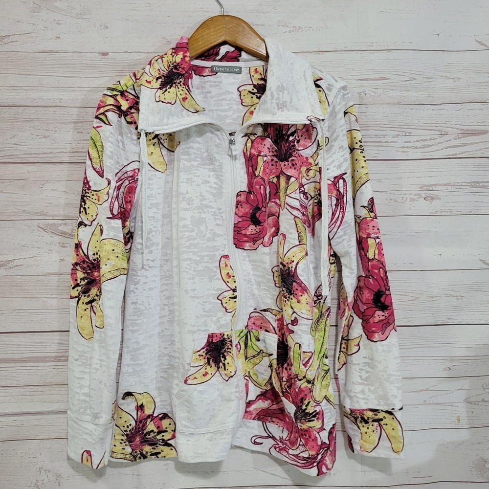 Three Hearts Burnout Floral Jacket Womens Medium Full Zip Pockets White Tropical